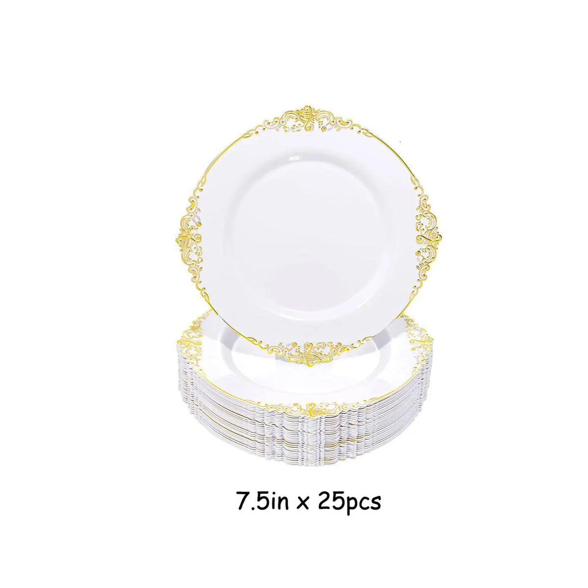 A stack of elegant white and gold disposable dinner plates with decorative edges.