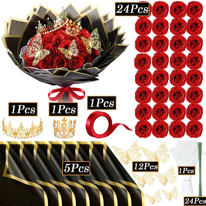 Glitter artificial rose bouquet kit featuring red roses, gold accents, and black wrapping paper.