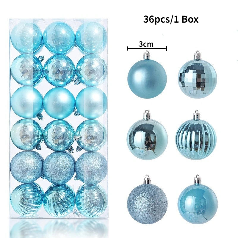 A box containing 36 blue and silver glitter Christmas tree ornament balls.