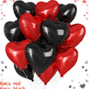 A bundle of six red and black heart-shaped balloons with rose petals for romantic celebrations