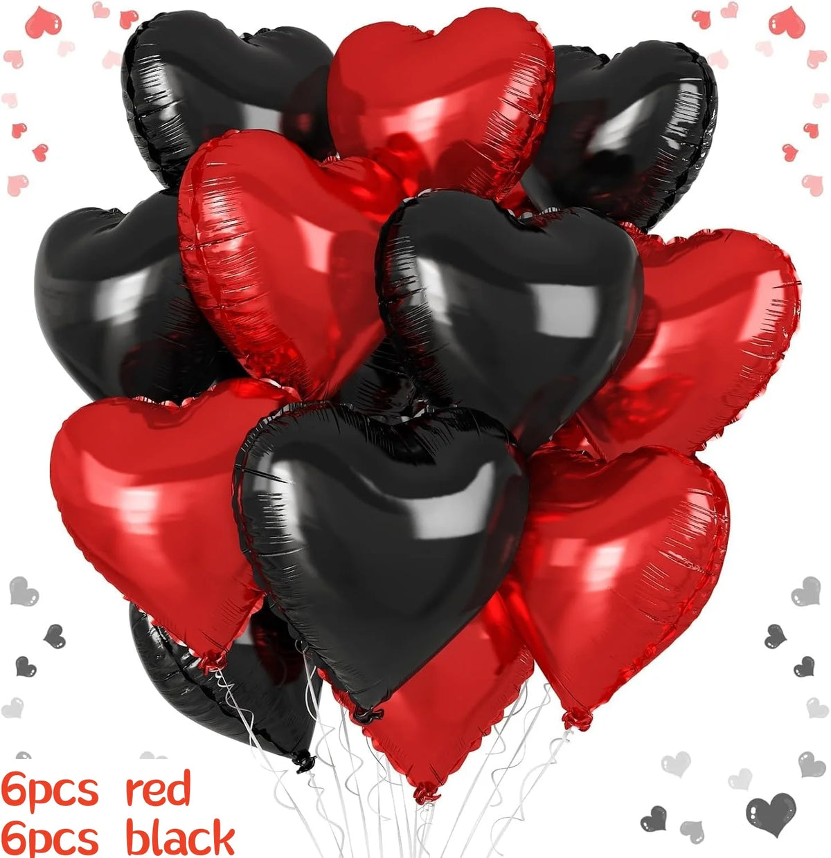 A bundle of six red and black heart-shaped balloons with rose petals for romantic celebrations