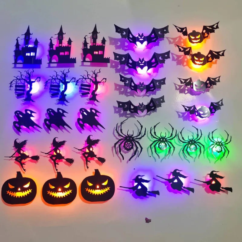 A collection of 30 glow-in-the-dark LED Halloween wall stickers featuring various spooky characters and designs.