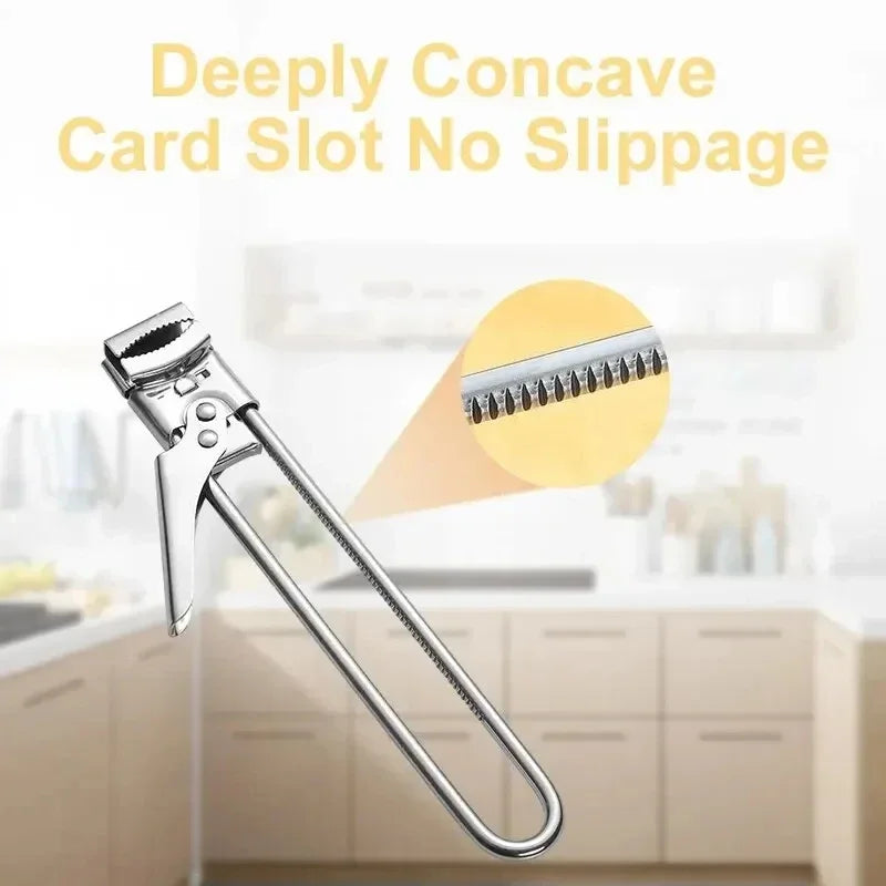 A heavy duty stainless steel card slot bottle opener is shown against a blurred kitchen background.