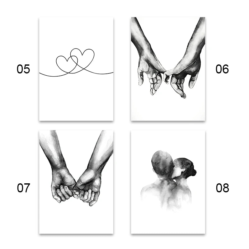 A series of eight minimalist line art drawings depicting various hand gestures and couple interactions.