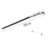 A long, silver metal magic wand with a textured handle and a black shaft, shown diagonally.
