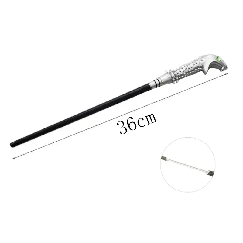 A long, silver metal magic wand with a textured handle and a black shaft, shown diagonally.