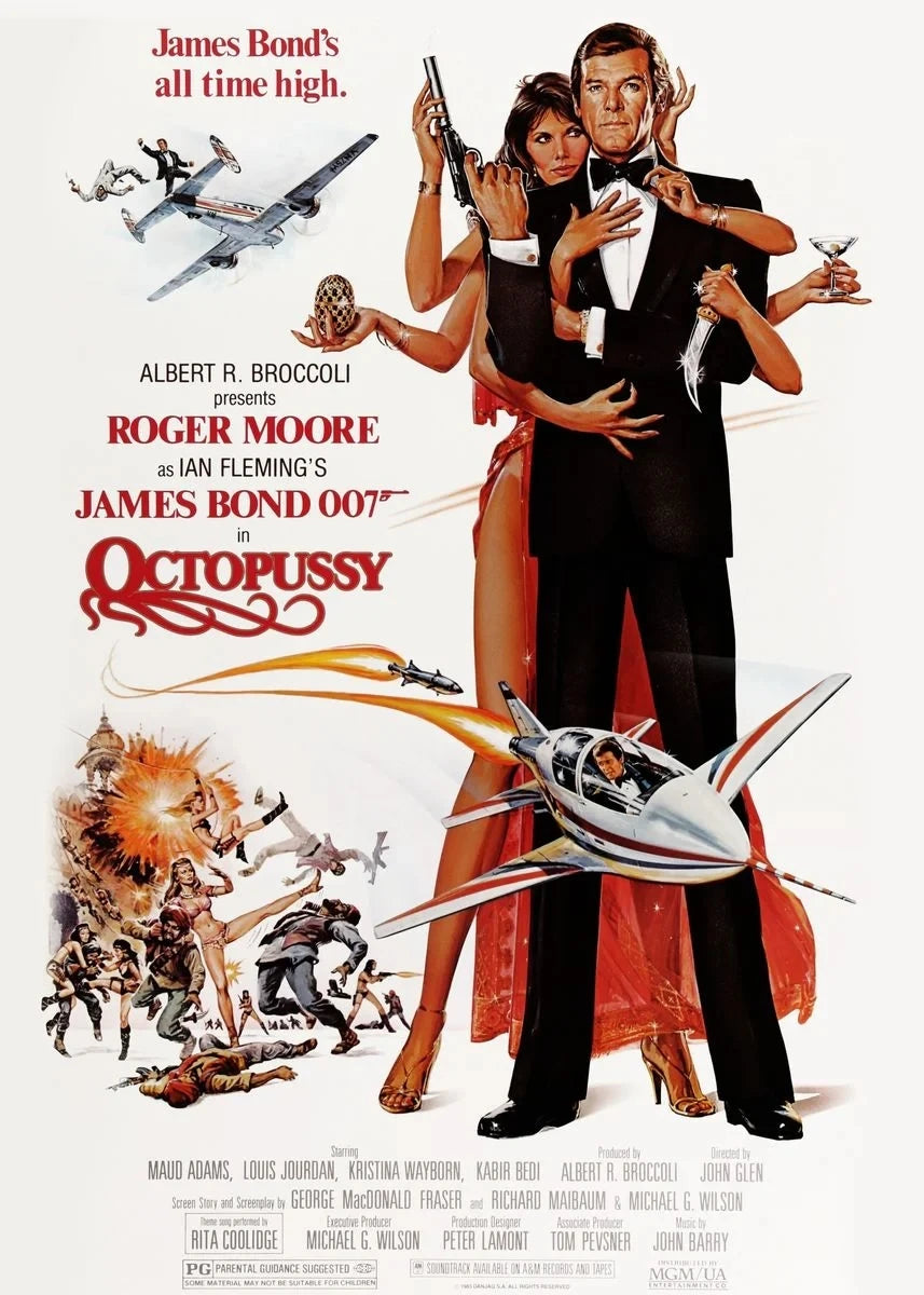 A movie poster featuring James Bond and Roger Moore in Octopussy