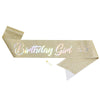 Gold glitter birthday girl ribbon banner with sparkling text and a crown detail