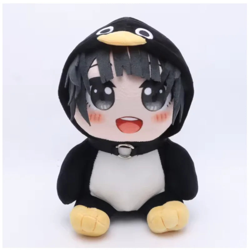 A cute kawaii penguin plush doll with black and white features and yellow feet.
