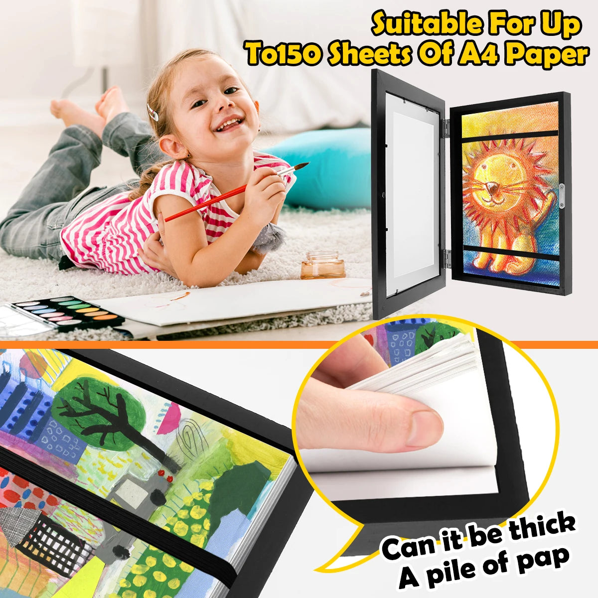 A child is happily drawing in an A4 art display frame, demonstrating its suitability for up to 150 sheets of paper.