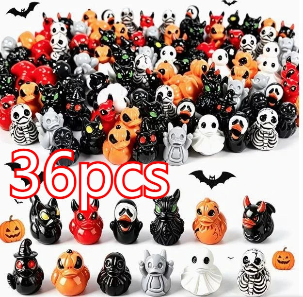 A collection of 36 mini resin Halloween duck figurines in various colors and designs for decoration.