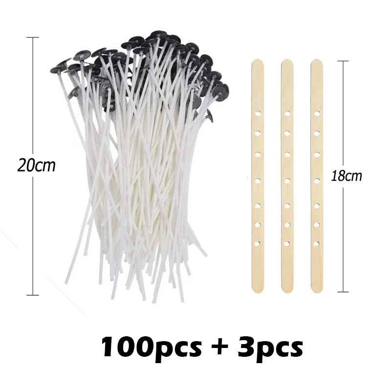 A bundle of 100 smokeless cotton candle wicks and three wooden sticks for soy wax and essential oil burners.