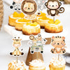 A set of jungle animal cake toppers featuring various animals like lions elephants and giraffes on wooden sticks.