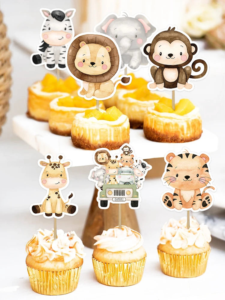 A set of jungle animal cake toppers featuring various animals like lions elephants and giraffes on wooden sticks.