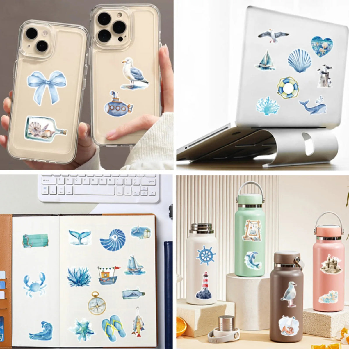 A collection of aesthetic ocean life stickers for DIY crafts and personalization shown on a phone case and craft sheet.