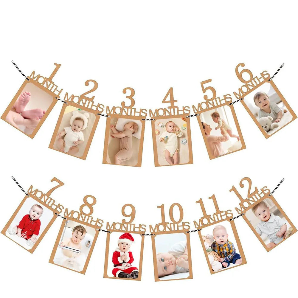 A banner displaying monthly growth records for a baby from one month to twelve months