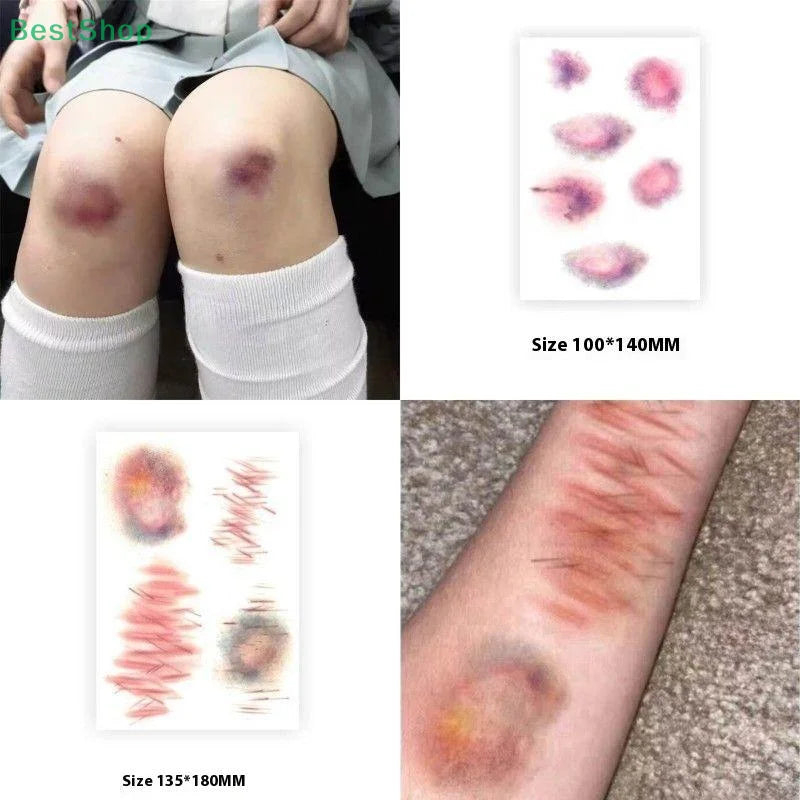 Close-up of realistic bruise and scar temporary tattoos applied to skin.