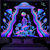 A vibrant tapestry featuring a purple and blue alien spaceship pouring light onto a landscape of glowing mushrooms and stars.
