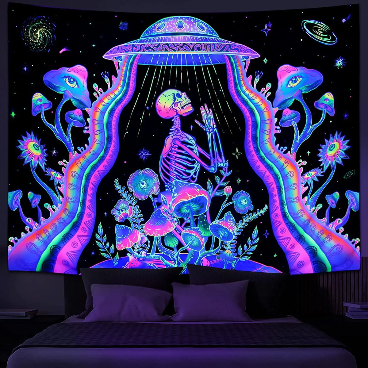 A vibrant tapestry featuring a purple and blue alien spaceship pouring light onto a landscape of glowing mushrooms and stars.