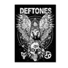 Black and white graphic design featuring the band name DEFTONES above a stylized owl and skull imagery