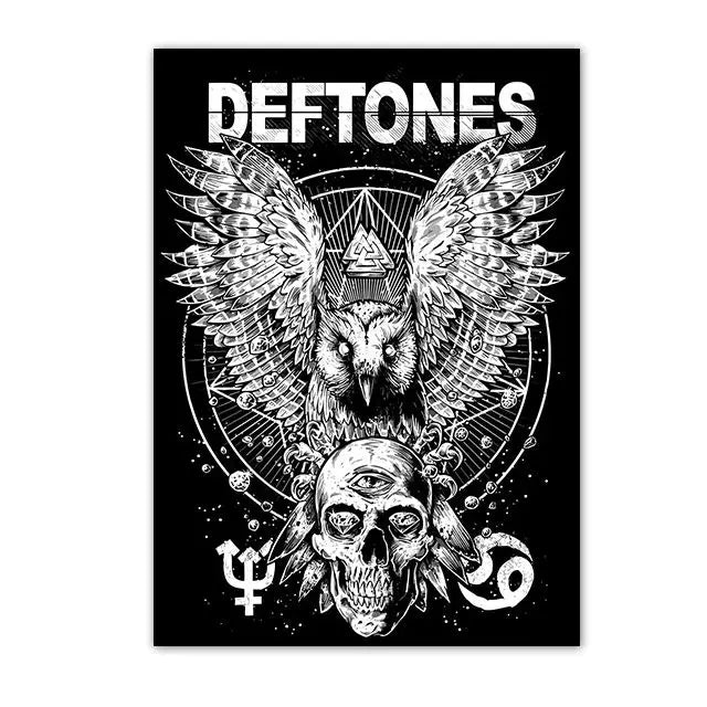 Black and white graphic design featuring the band name DEFTONES above a stylized owl and skull imagery