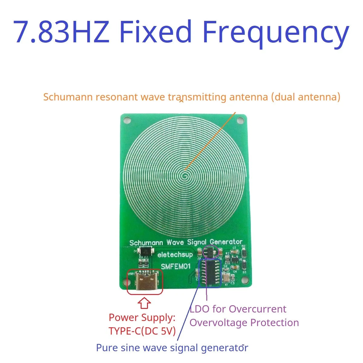 A green electronic module labeled Schumann Wave Signal Generator used for generating a 7.83Hz fixed frequency signal.