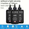 Three bottles of UV resin and tips for jewelry making with features like fast curing and high gloss