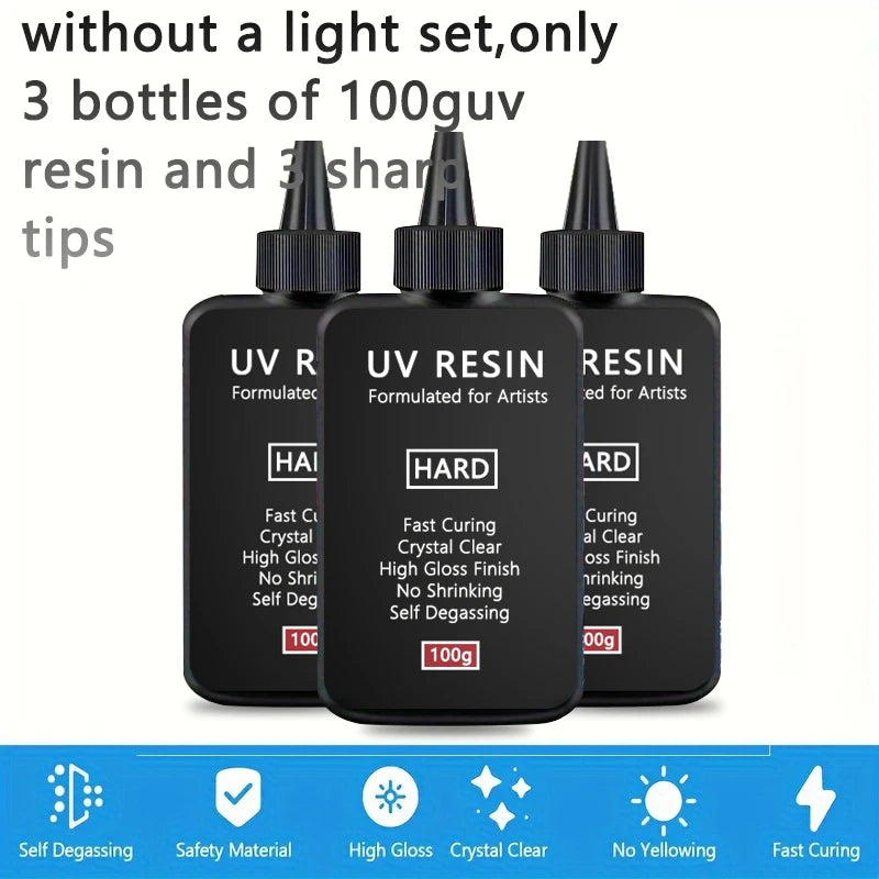 Three bottles of UV resin and tips for jewelry making with features like fast curing and high gloss