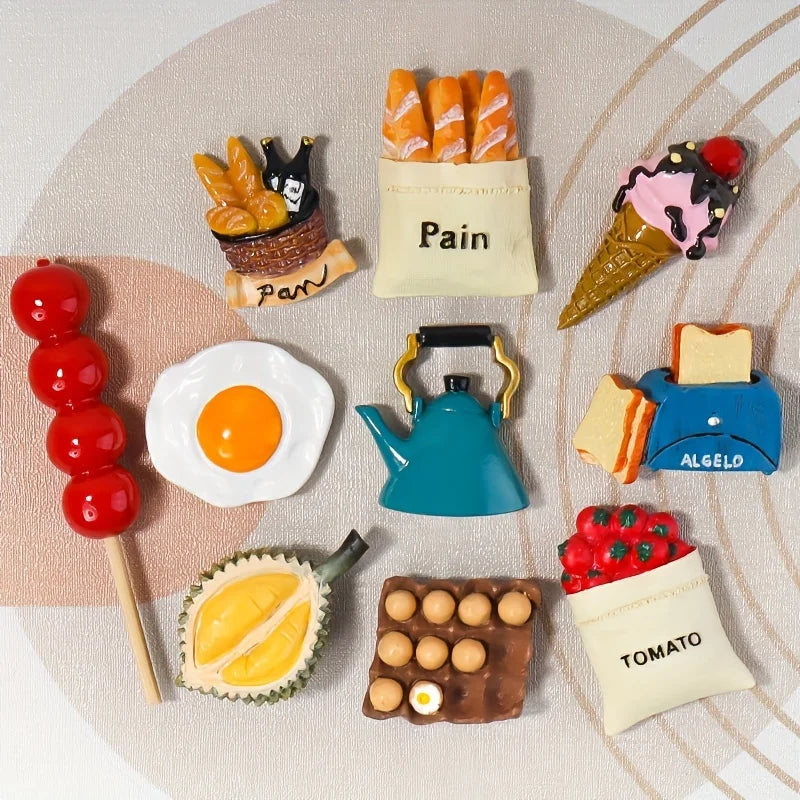 A set of 3D resin food magnets featuring various candies, fruits, and baked goods like orange curls, ice cream, tomatoes, and