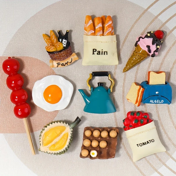 A set of 3D resin food magnets featuring various candies, fruits, and baked goods like orange curls, ice cream, tomatoes, and