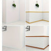 Four views of self-adhesive foam wall trim strips installed on white walls, showing different styles and finishes.