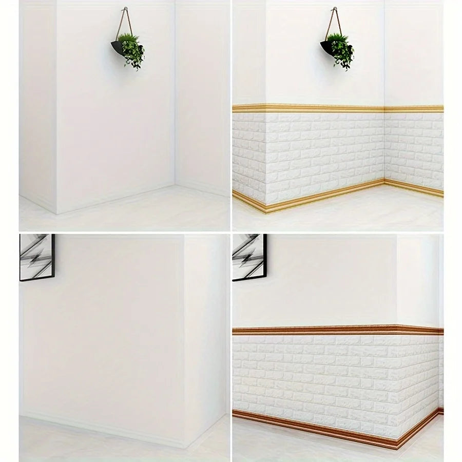 Four views of self-adhesive foam wall trim strips installed on white walls, showing different styles and finishes.