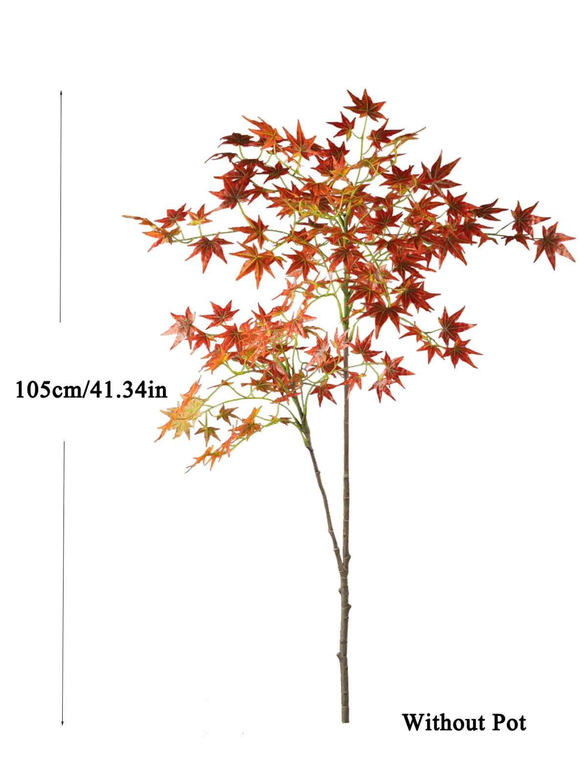 A tall artificial maple tree with reddish-orange silk leaves on a bare branch, shown without a pot.