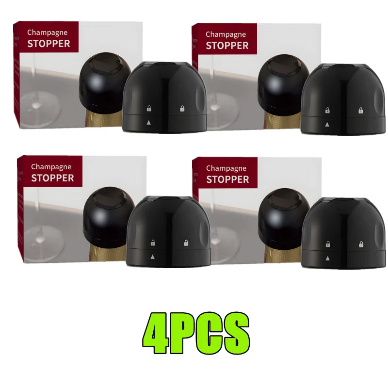 Four black silicone wine bottle stoppers with rotating locks displayed in packaging.