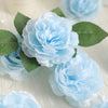 A close-up of six light blue silk peony flowers with green leaves arranged on a white background.