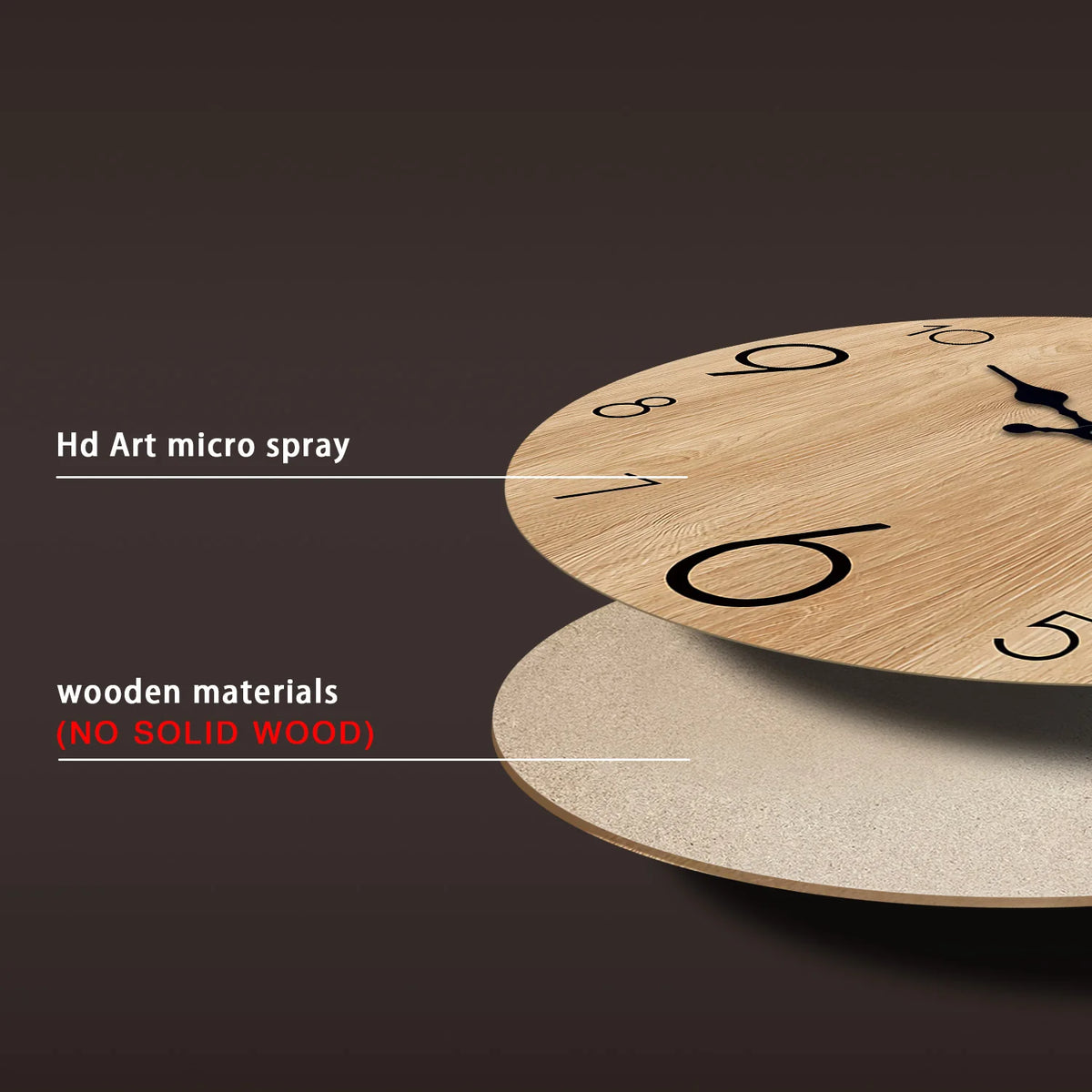 A close-up of a round wooden wall clock with a natural wood grain texture and black markings, shown next to a lighter colored