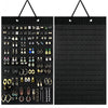 Black wall mounted felt earring organizer display with numerous pairs of earrings organized in compartments