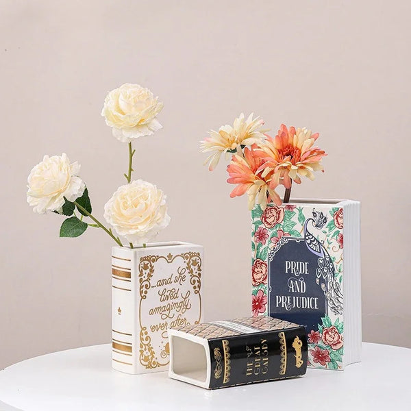 Hand-Painted Ceramic Book Vase with Blooming Flowers