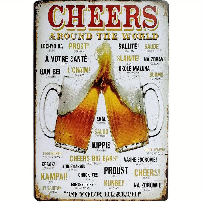 Vintage-Metallbier-Schild Wanddeko mit verschiedenen internationalen Trinksprüchen und Biergläsern.