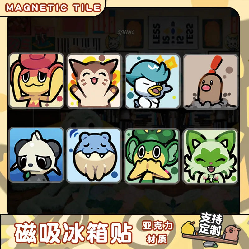 A set of magnetic tile-style Pokémon fridge magnets featuring various characters like Pikachu, Eevee, and others.