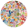 A circular arrangement of colorful Mediterranean aesthetic graffiti stickers featuring fruits, vegetables, and food items.