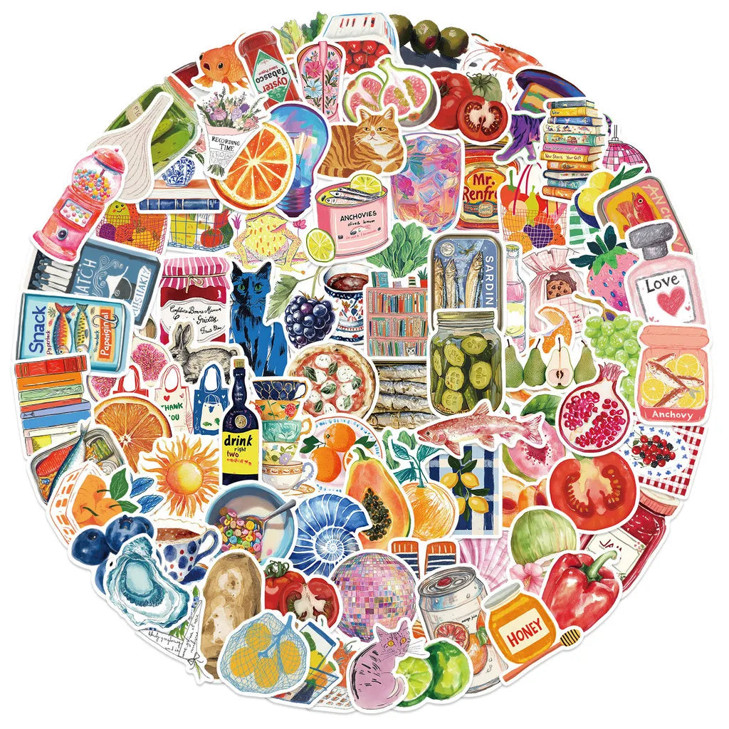 A circular arrangement of colorful Mediterranean aesthetic graffiti stickers featuring fruits, vegetables, and food items.