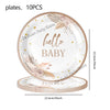 A set of 10 round plates with a delicate floral design and gold accents for a baby shower or gender reveal.