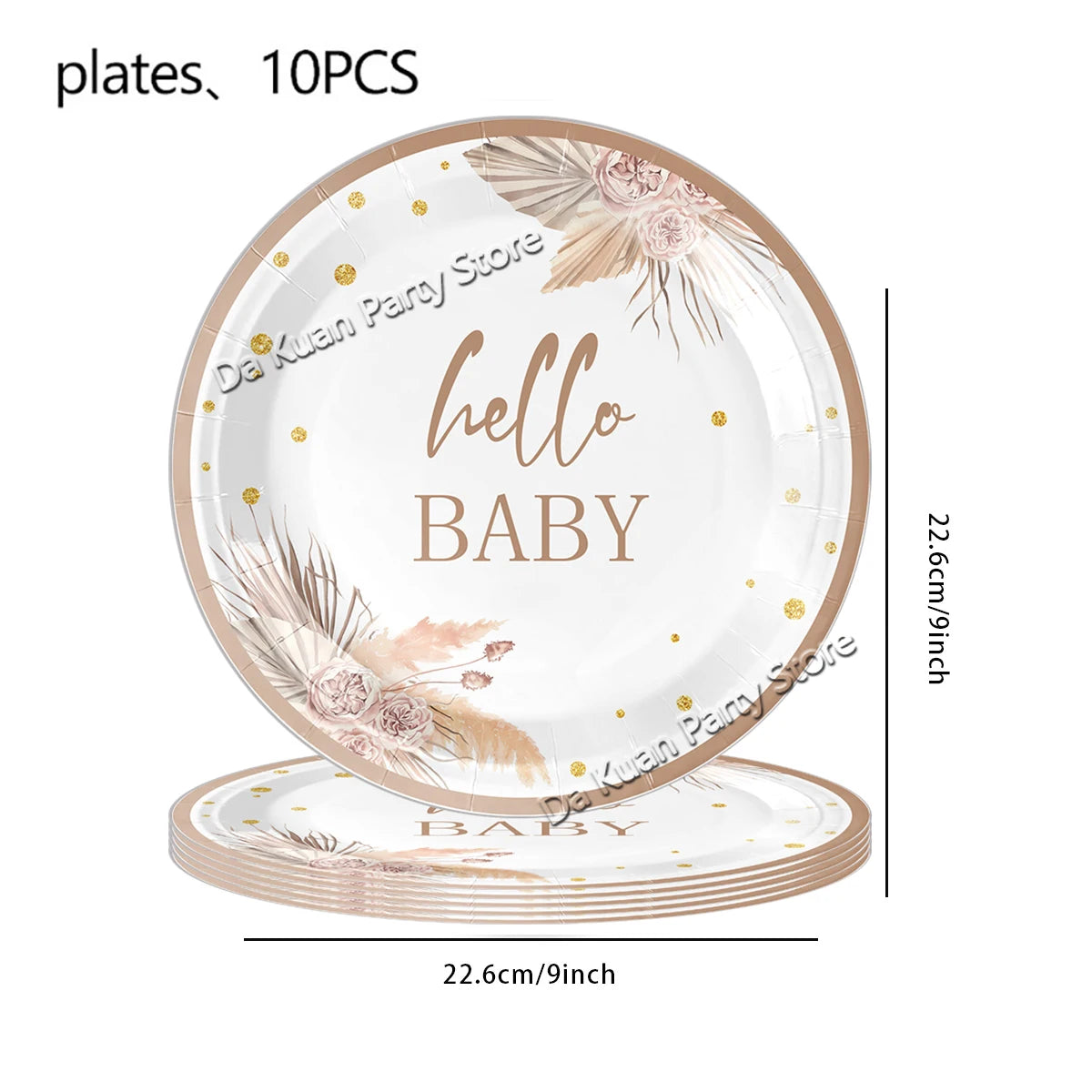 A set of 10 round plates with a delicate floral design and gold accents for a baby shower or gender reveal.