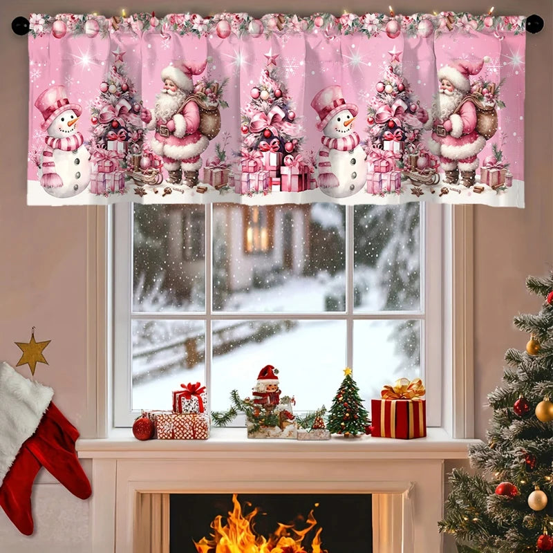 Festive Christmas valence curtains featuring Santa and snowy scenes decorating a window