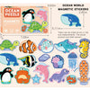 A collection of magnetic stickers featuring various sea animals like penguins, whales, turtles, fish, and crabs.