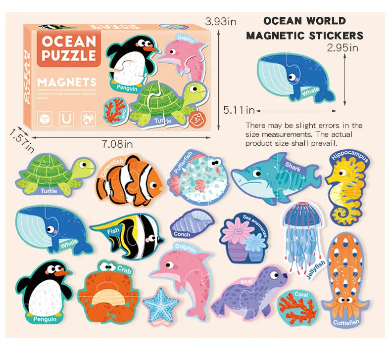 A collection of magnetic stickers featuring various sea animals like penguins, whales, turtles, fish, and crabs.