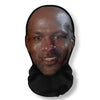 A 3D printed celebrity cosplay mask featuring a dark complexion and facial features.