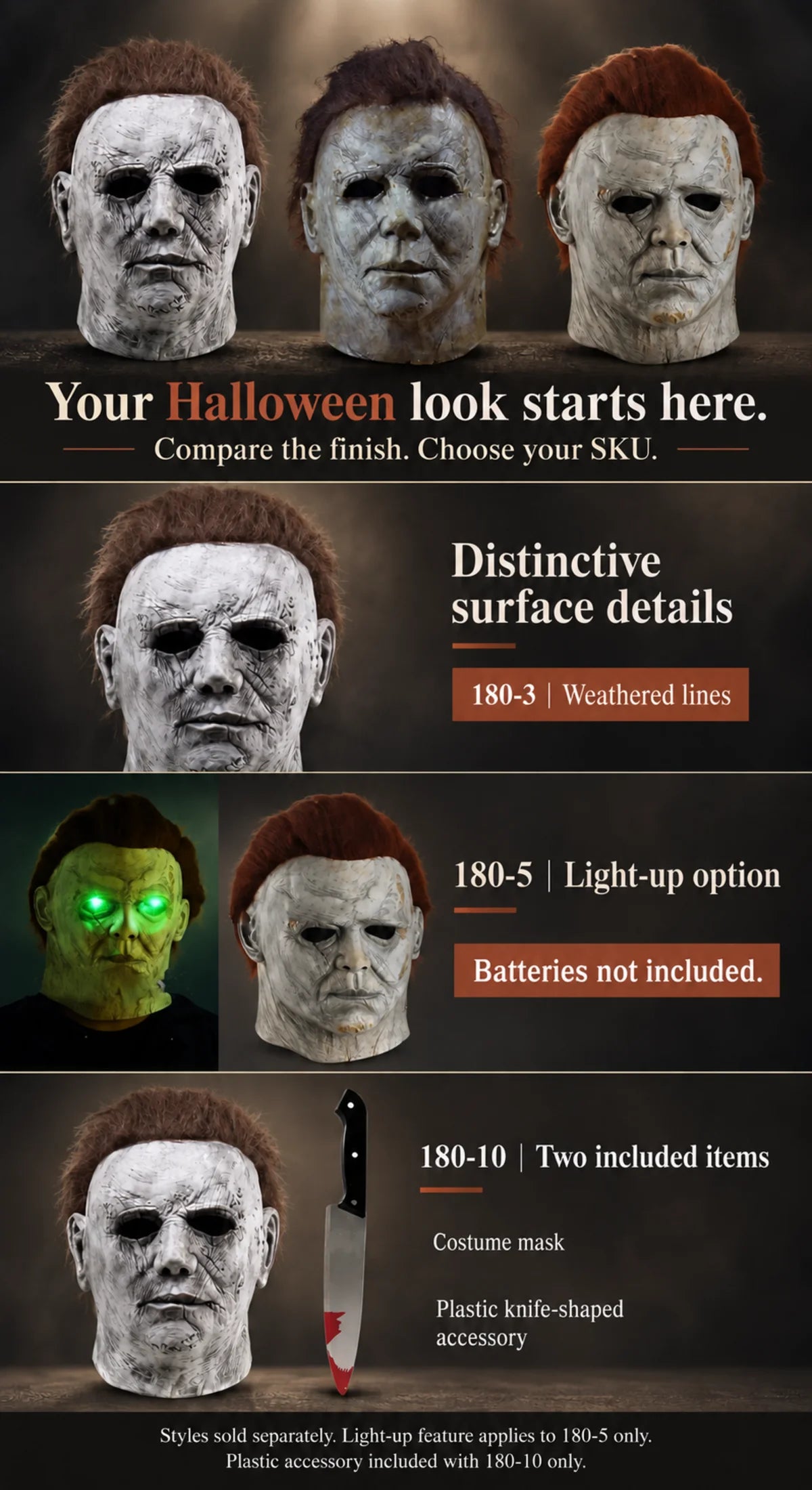 A collection of Halloween Michael Myers latex masks showing various surface details and included accessories.