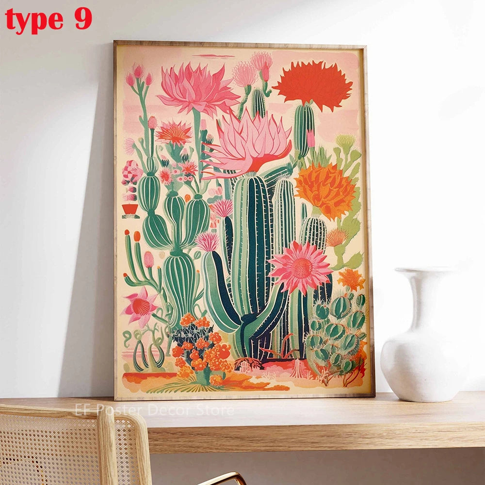 A vertical poster featuring pink and orange cactus flowers and succulents in a vintage style.